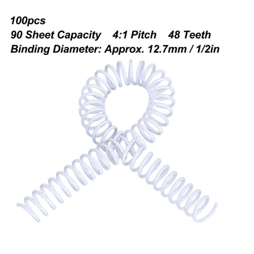 100PCS White PVC Binding Spirals 12.7mm Diameter 90 Sheet Capacity 1