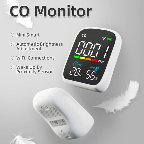 Draagbare CO-sensor met wifi-functionaliteit voor realtime luchtkwaliteit- en temperatuurmeting.