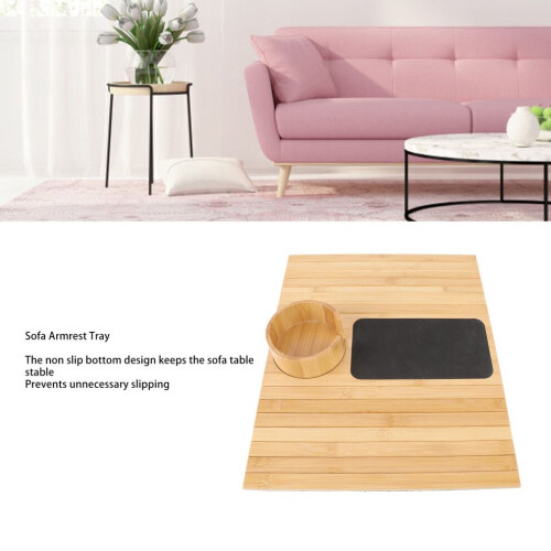 Bamboo Sofa Armrest Tray for Dining & Snacks, Detachable Cup Holder 2