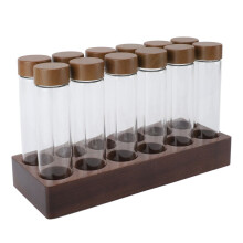 12 tubos de vidrio para almacenar granos de café con soporte de nogal de 21,5 cm