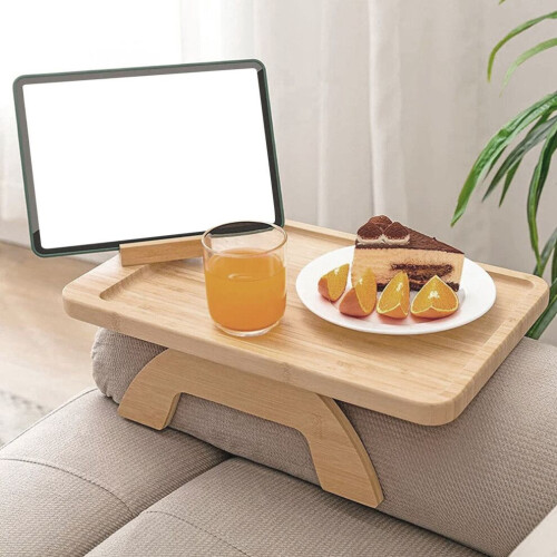 Sturdy Pinewood Sofa Armrest Tray, Adjustable & Foldable, Rotating Bracket 2