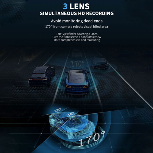 Dash Cam WiFi 1080P a 3 canali con visione notturna, 2.0 2