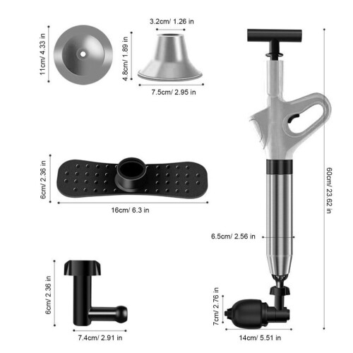 Kit de débouchage WC à ventouse haute pression avec têtes interchangeables, gris 1