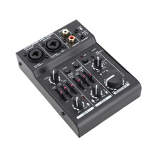 Mini 2-kanaals digitale geluidsmixer met 48V fantoomvoeding en 5V USB-voeding.