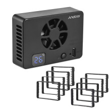 Kamerakylfläktsystem med OLED-display, 7x5x2,1 cm, 8 adapterplattor