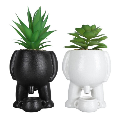 2PCS Fun Ceramic Planters with Peeing Feature and Faux Succulents 2