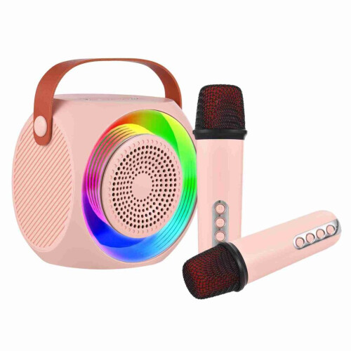 Draadloze roze draagbare karaokespeaker 10W met dubbele microfoon, 15M Bluetooth 2
