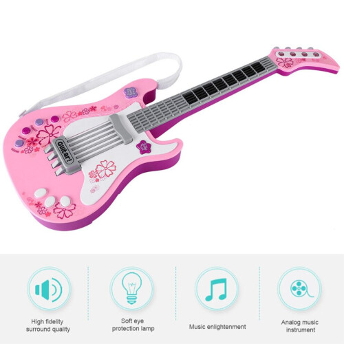 Multifunktionell barnbasgitarrleksak barnljus musikinstrument leksak rosa 2