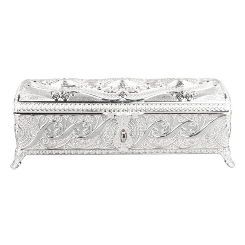 Vintage smyckeskrin i silverlegering med sammetsfoder, rostfri design 1