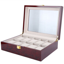 Houten horlogedisplaydoos met 10 vakjes en transparant venster, rood, 26,2 x 20 x 8 cm