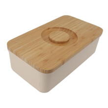 Grote beige botervloot met houten deksel, 21,5 x 38 x 13,5 cm, keukenopbergvloot