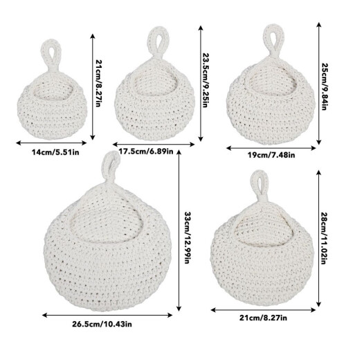 5pcs Handwoven Cotton Hanging Baskets Wall Organizer, Boho Style 1