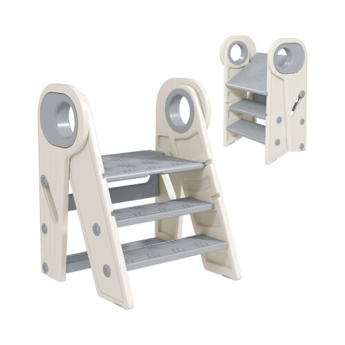 Foldable Kids Step Stool with Handle - Adjustable Height Non-Slip Grey Plastic Safe Lightweight and