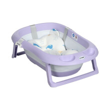 Faltbare Babybadewanne in Lila, rutschfeste Stützbeine, weiches Kissen und Duschhalterung für sicheres