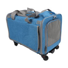 Blaue Transportbox für Katzen und Hunde mit Rollen, 47 x 30 x 30 cm, rollbare Haustier-Reisetasche