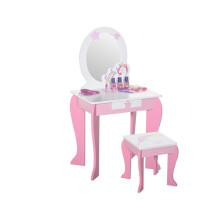 Roze kinderkaptafel met spiegel en opbergkrukje. Gemaakt van duurzaam materiaal en stijlvol design.