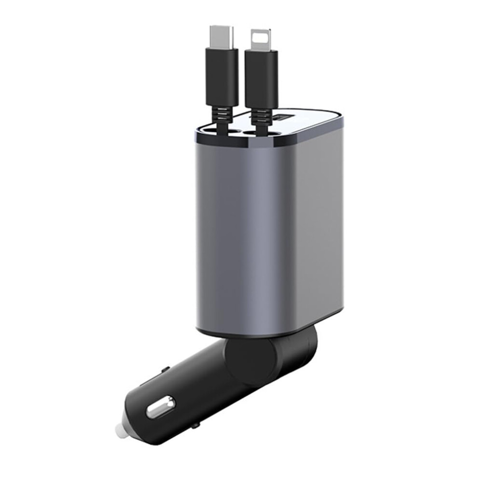 Retractable Usb C Car Charger Fast Charging 2In1 For Ios And Android Devices Silver/Gray 9339159577622