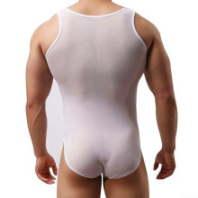 Men's Leotard Bodysuit For Dance White With Sheer Design And Supportive Jockstrap