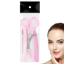 Eyebrow Cutter for Women Set, 3-Piece Stainless Steel Eyebrow Scissors, Portable Non-Slip Pink Eyebrow