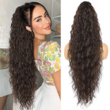 Dark Brown Ponytail Extension Claw 30 Inch Curly Clip In Synthetic Hairpiece for Women Fluffy Natural