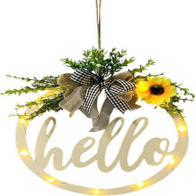 Farmhouse Welcome Hollow Wooden Hanging Sign, Vintage Hello Sign With Jute Bow Faux Eucalyptus Leaves Sunflower For Rustic Front Door Decor, Warm Whit