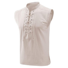 Men's Medieval Shirt Linen Sleeveless Tank Top Steampunk Gothic Viking Pirate Lace-Up Shirt 3XL White