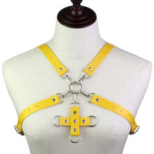 Sexy Punk Cross Leather Harness Body Bra Metal Choker Necklaces Bondage Corset Chest Belt Yellow Metal