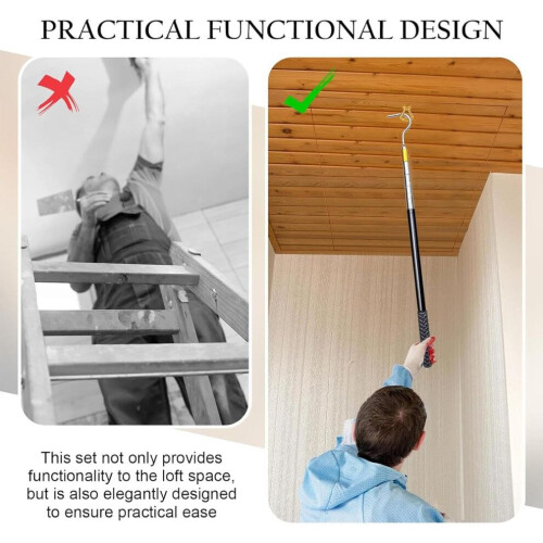 Ladder Pull System with 56-164cm Retractable Pull Rod and Hooks for Attic Stairs, Metal Loft Pull Kit, 2