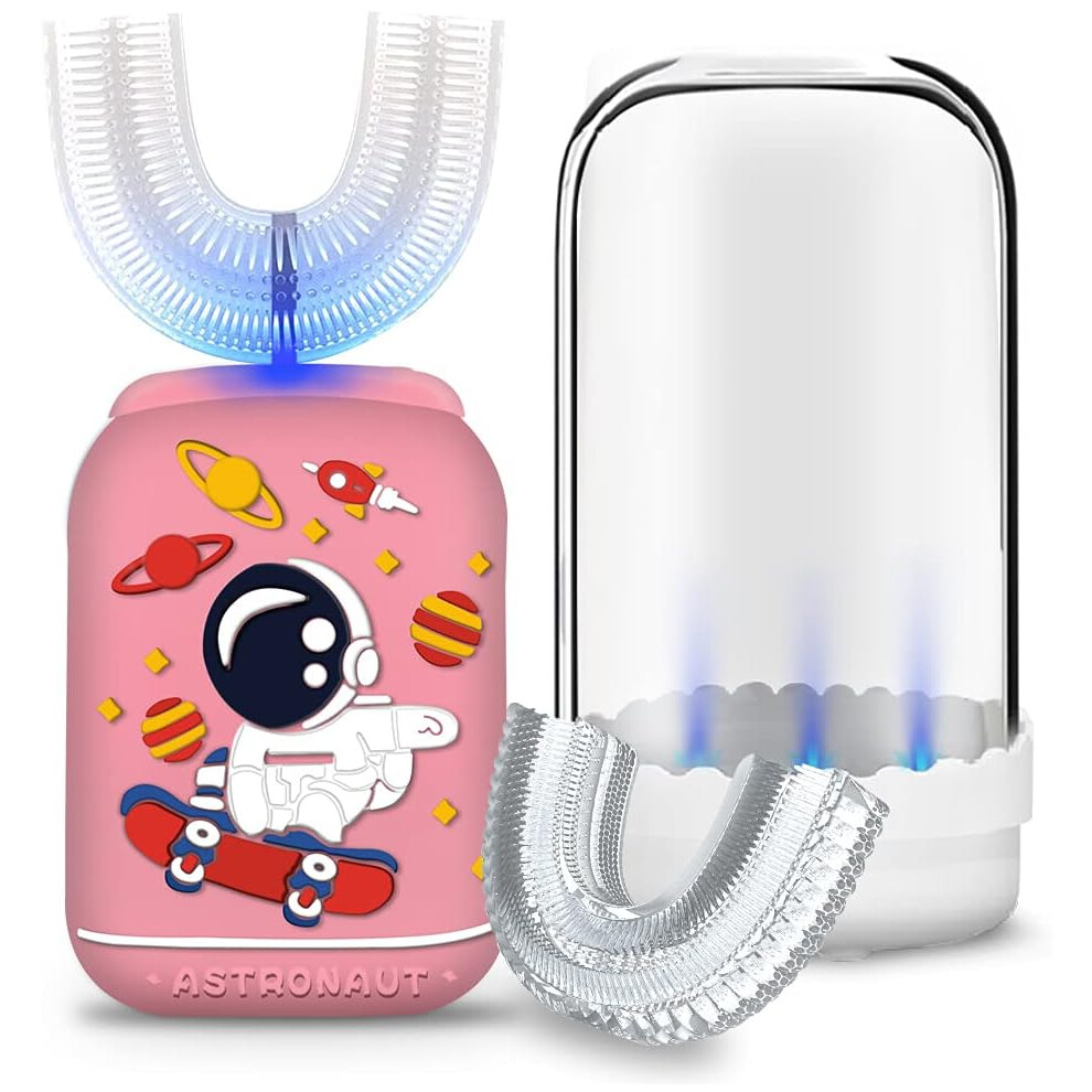 U Shaped Ultrasonic Toothbrush, Kids Electric Toothbrushes with Wireless Rechargeable Base, Automatic Brush for Toddlers 2-6, Water Resistant, 5 Clean