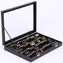 Elegant Glass Lid Jewelry Organizer, Earring And Ring Storage, Solid Wood Composite With Faux Leather