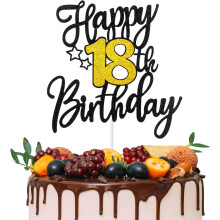 Topo de Bolo de Aniversário Feliz Aniversário, Decoração de Bolo com Glitter Preto e Dourado para Festa de 18 Anos, Topo de Bolo de Papelão com