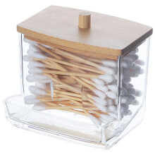 Pot à cotons-tiges transparent avec couvercles en bambou, dessus et côté - 2 emplacements pour prendre les cotons-tiges, pot d'apothicaire en