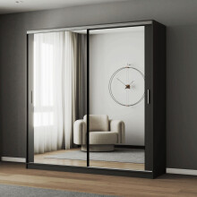 (203cm, Black) FHI-DUBAI Mirrored Sliding Door Wardrobe