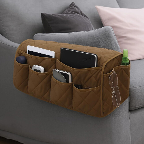 MultiPocket Bedside Organizer 14Pocket CouchSide Storage, Quilted Brown Polyester, Foldable And WaterRepellent 1