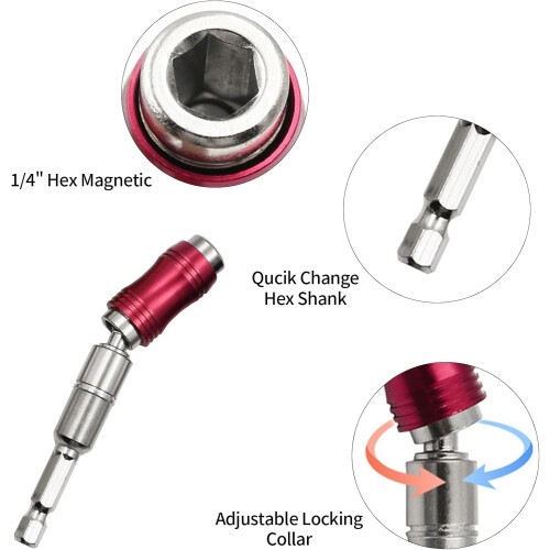 Magnetic Pivot Drill Bit Holder 2Pack, 91mm & 145mm Extensions, 1/4 In Hex, QuickRelease, Red 1