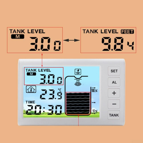 Wireless Solar Powered Water Level Gauge For Water Tanks With Alarm, Backlight Control, 12H/24H Time Function, Battery 2