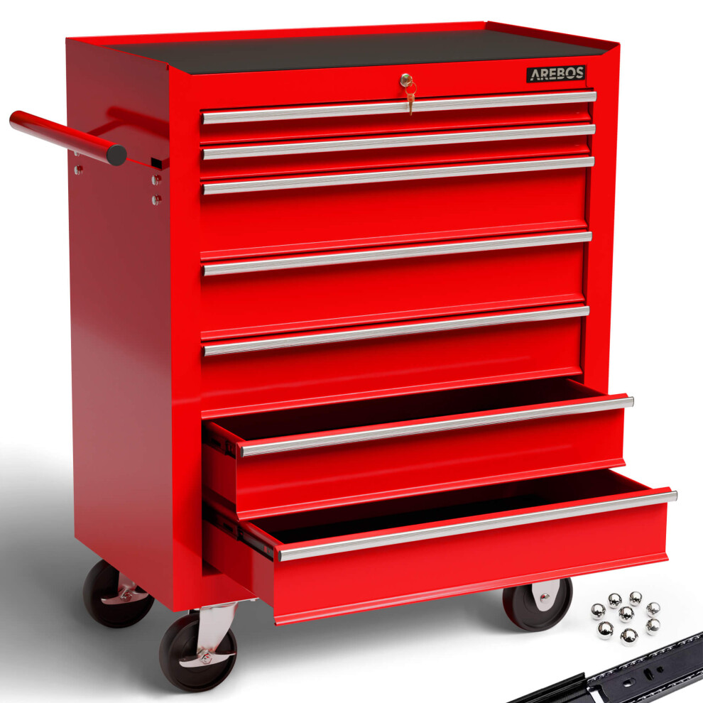 Arebos 7-Drawer Tool Cabinet Garage Tool Chest With Wheels Workshop Tool Storage Lockable Red