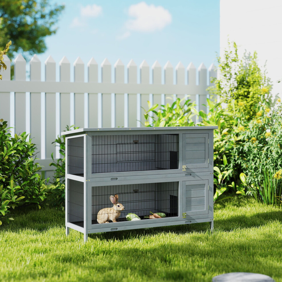 Pawhut Rabbit Hutch, Guinea Pig Hutch With No-Leak Trays & Divider, Grey