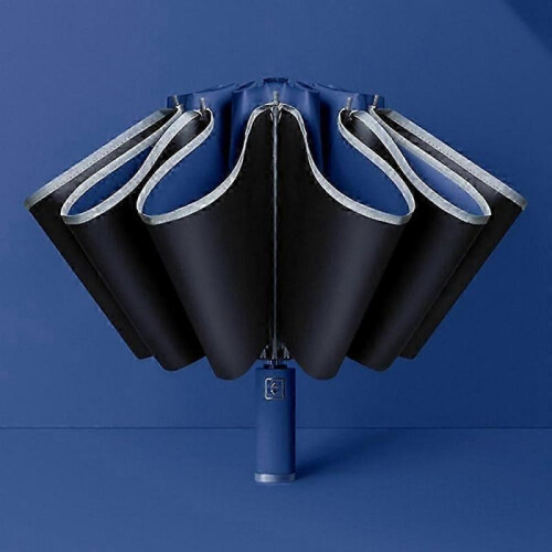 (Navy Blue, Multicolor) Reflective Automatic Umbrella Sun-proof Rainproof Dual-use Folding Reverse Type Umbrella Large UV Pr
