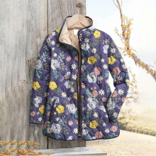 (XS, 29) Women's sweatshirt with stand-up collar, padded design, floral pattern, 6-button details, warm winter blouse