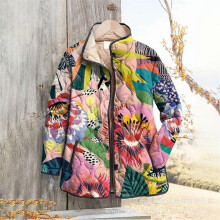(XS, 26) Women's sweatshirt with stand-up collar, padded design, floral pattern, 6-button details, warm winter blouse