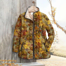 (XS, 24) Women's sweatshirt with stand-up collar, padded design, floral pattern, 6-button details, warm winter blouse