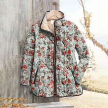 (3XL, 27) Women's sweatshirt with stand-up collar, padded design, floral pattern, 6-button details, warm winter blouse