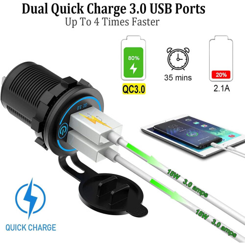 Διπλή υποδοχή φορτιστή USB για οχήματα 12V/24V, έξυπνο τσιπ και διακόπτης αφής για 1