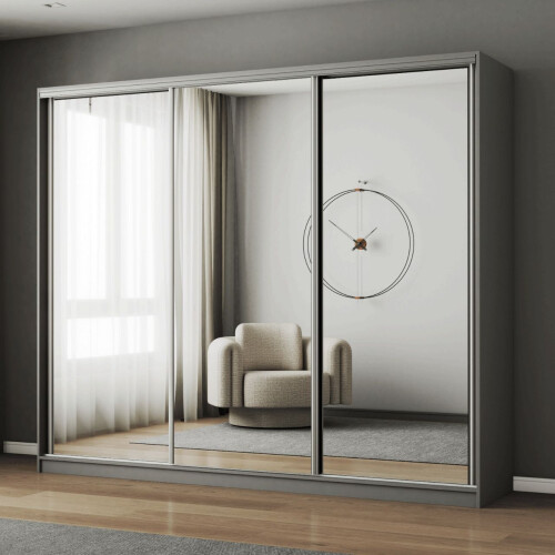 (250cm, Grey) FHI-DUBAI Mirrored Sliding Door Wardrobe
