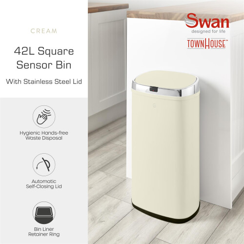 Swan Swan Townhouse 42L Square Sensor Bin Cream - Kitchen/Household Bin 1