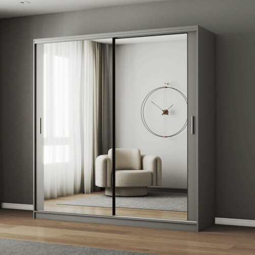 (203cm, Grey) FHI-DUBAI Mirrored Sliding Door Wardrobe
