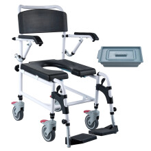 Adjustable Shower Commode Wheelchair with Lockable Wheels, Flip-Up Arms, Footrests, and Removable 5L Bucket