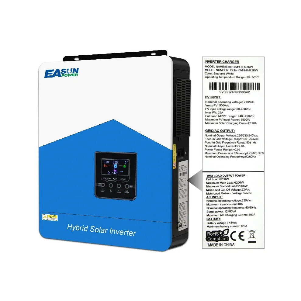 Easun Hybrid Solar Inverter 48V 6200Va - Pure Sine Wave Off-Grid Inverter With Built-In 110A Mppt Charger & Wifi Connectivity 313038211240