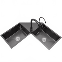 Premium L-Shaped Stainless Steel Corner Kitchen Sink - Handmade Double Slot Basin for Efficient Dishwashing